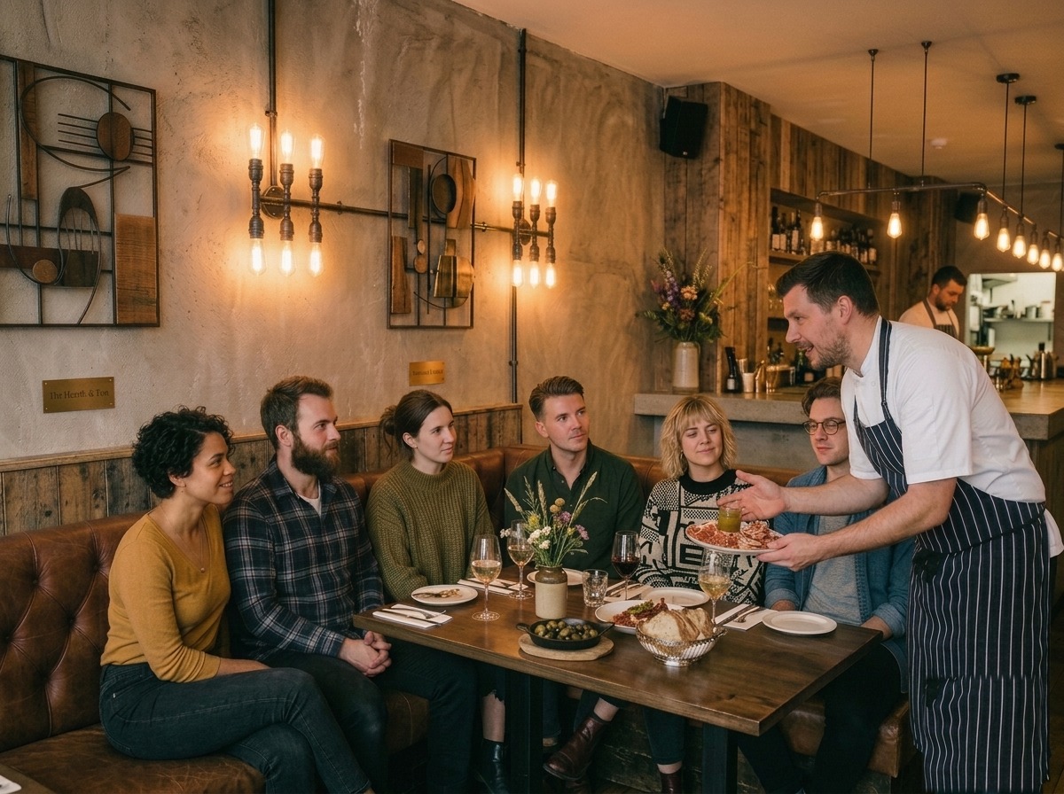 A chef serving a dish to a candlelit table of diners