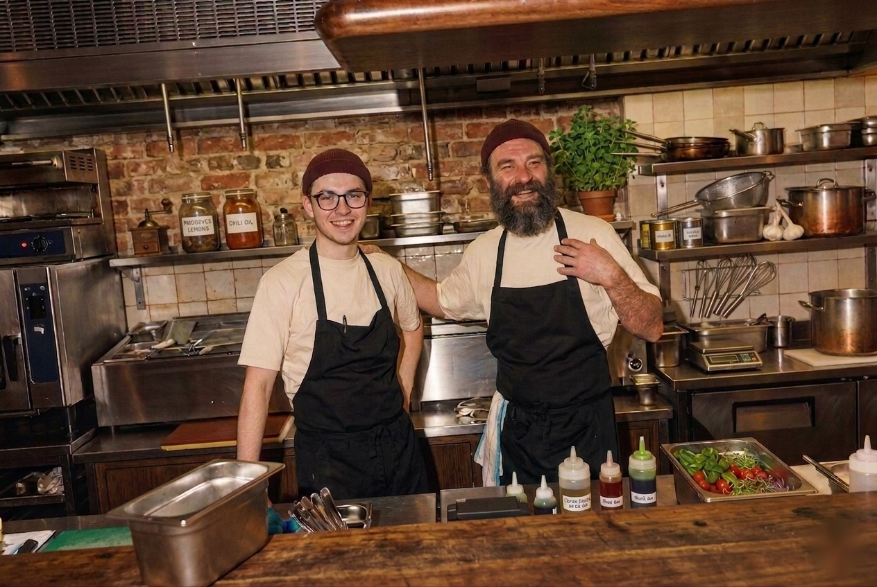 Two chefs in the kitchen, ready to share the story behind the dish
