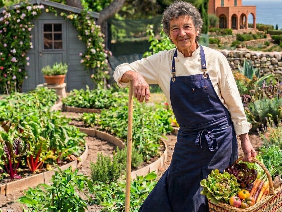 A chef in the garden holding a basket of just-picked vegetables