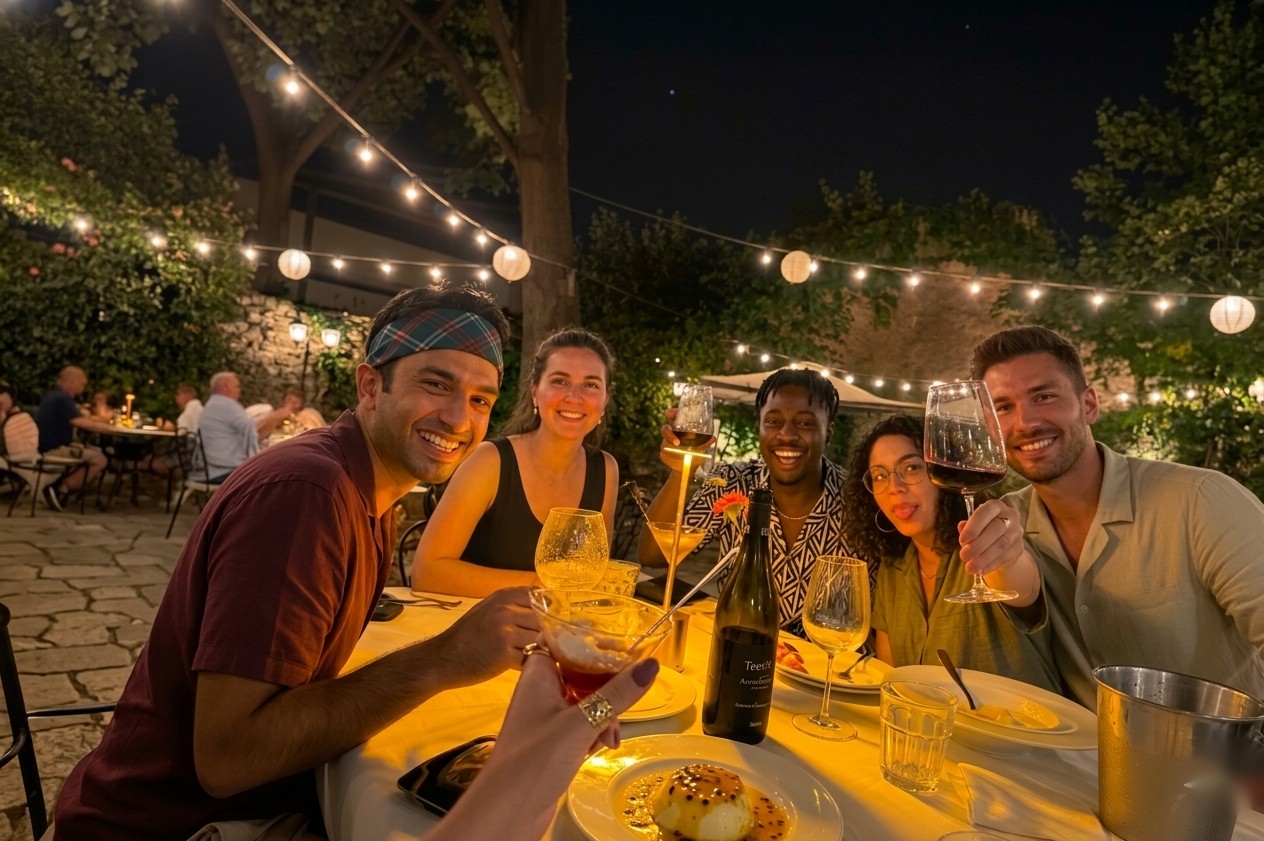 Friends raising a toast at an outdoor Tableside dinner under string lights