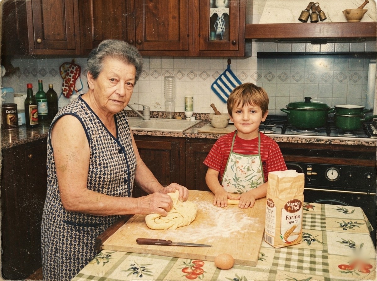 A grandmother and a young child making fresh pasta together in a warm home kitchen